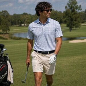 Collars & Co Semi Spread Blue White Windowpane Check Dress Collar Polo Shirt L